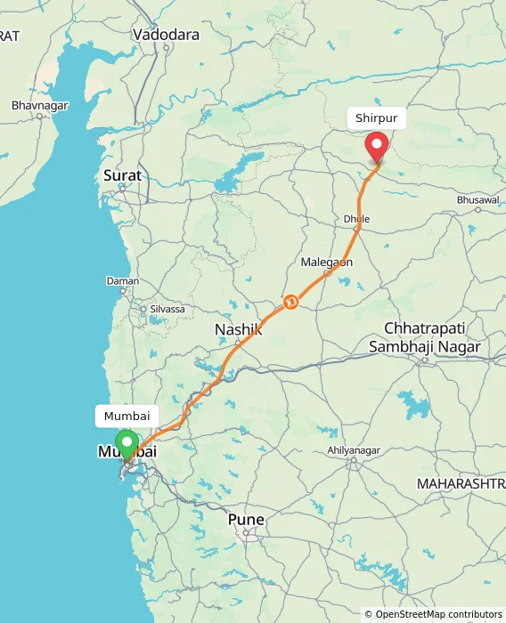 Route map showing distance and travel time from Mumbai, India to Shirpur, India