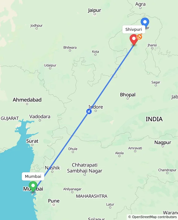 Route map showing distance and travel time from Mumbai, India to Shivpuri, India