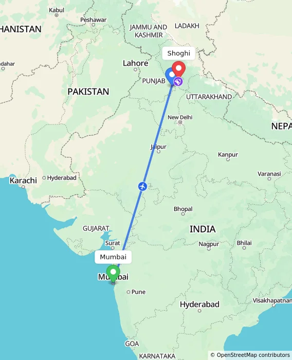 Route map showing distance and travel time from Mumbai, India to Shoghi, India