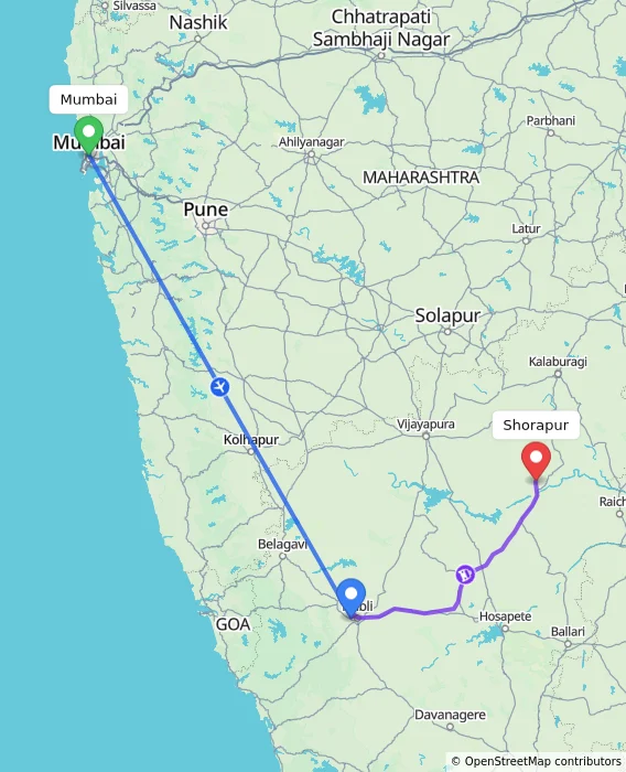 Route map showing distance and travel time from Mumbai, India to Shorapur, India
