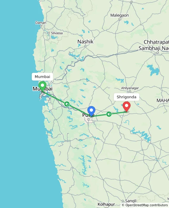 Route map showing distance and travel time from Mumbai, India to Shrigonda, India