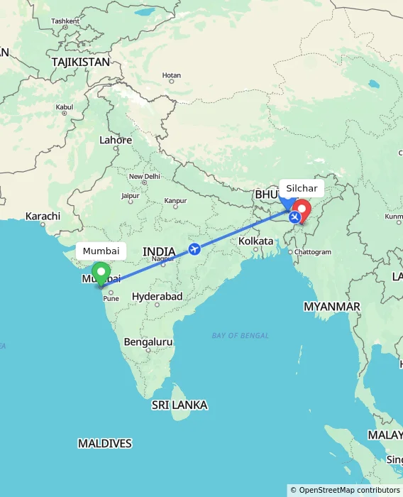 Route map showing distance and travel time from Mumbai, India to Silchar, India