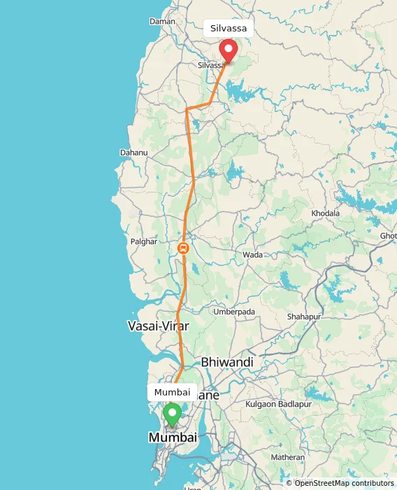 Route map showing distance and travel time from Mumbai, India to Silvassa, India