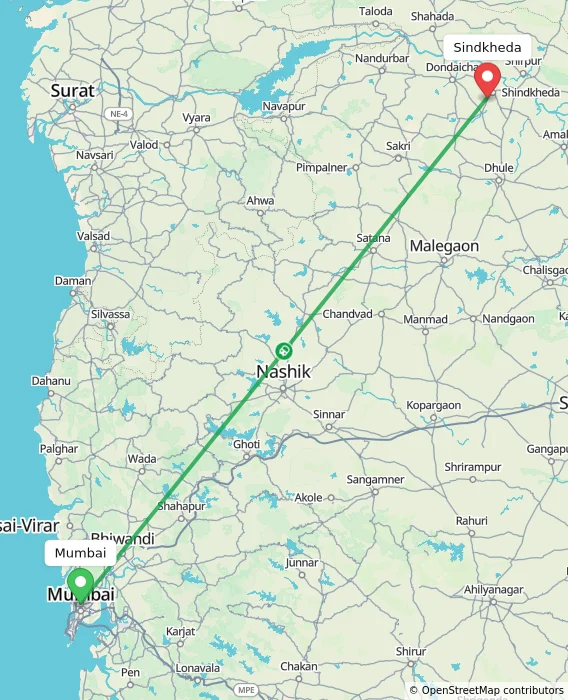 Route map showing distance and travel time from Mumbai, India to Sindkheda, India