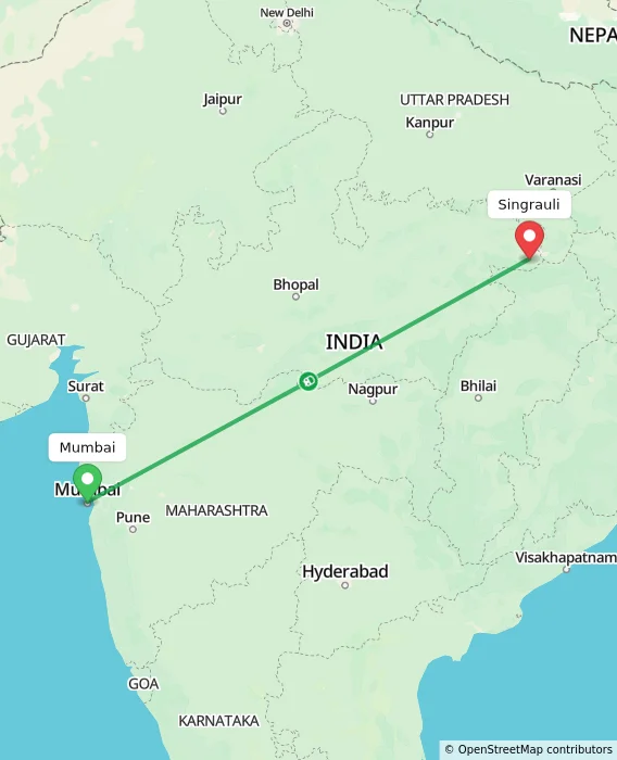 Route map showing distance and travel time from Mumbai, India to Singrauli, India