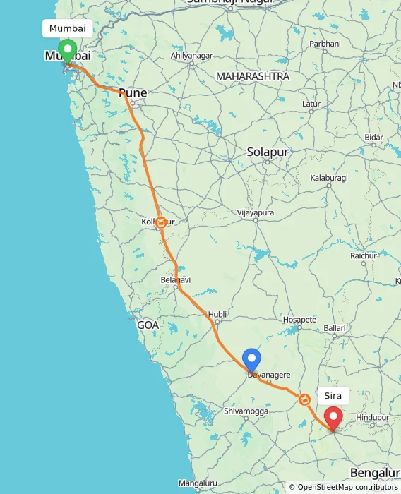 Route map showing distance and travel time from Mumbai, India to Sira, India