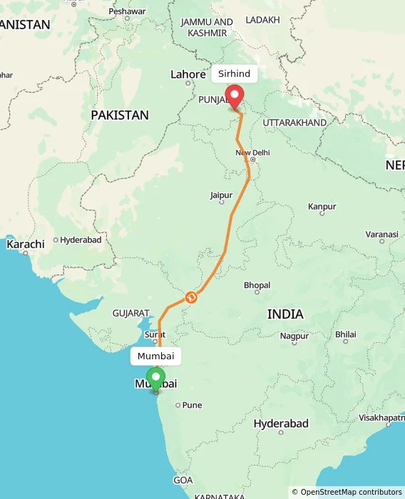 Route map showing distance and travel time from Mumbai, India to Sirhind, India