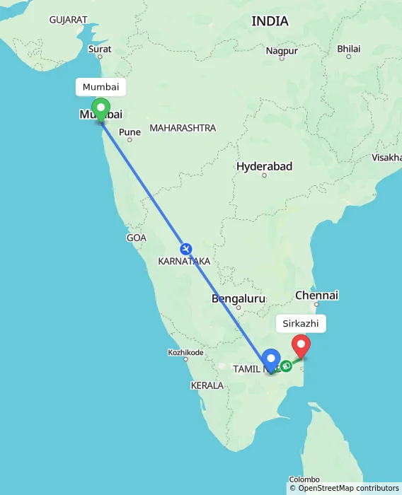 Route map showing distance and travel time from Mumbai, India to Sirkazhi, India