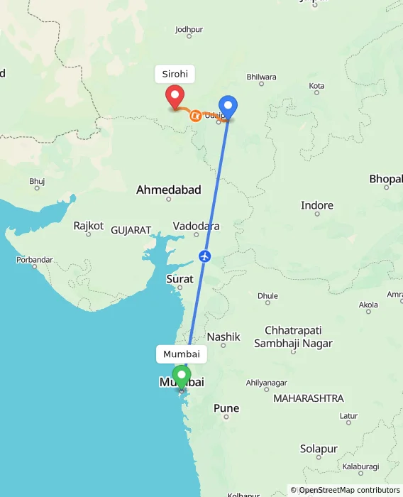 Route map showing distance and travel time from Mumbai, India to Sirohi, India