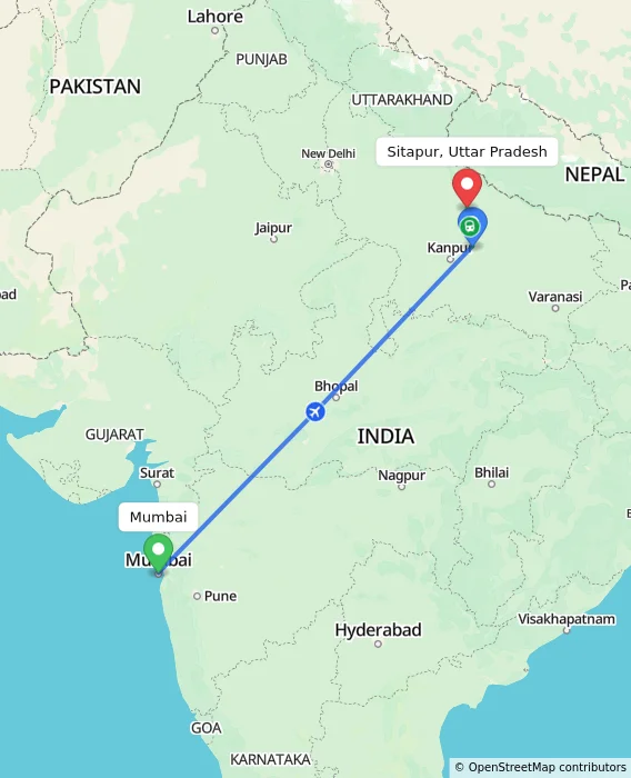 Route map showing distance and travel time from Mumbai, India to Sitapur, Uttar Pradesh, India