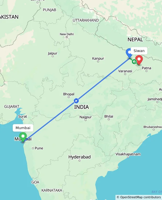 Route map showing distance and travel time from Mumbai, India to Siwan, India