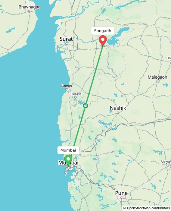 Route map showing distance and travel time from Mumbai, India to Songadh, India