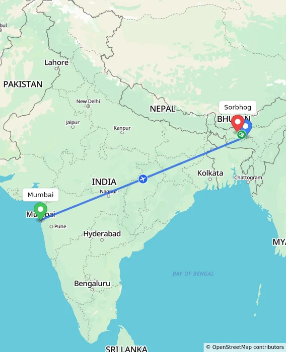 Route map showing distance and travel time from Mumbai, India to Sorbhog, India
