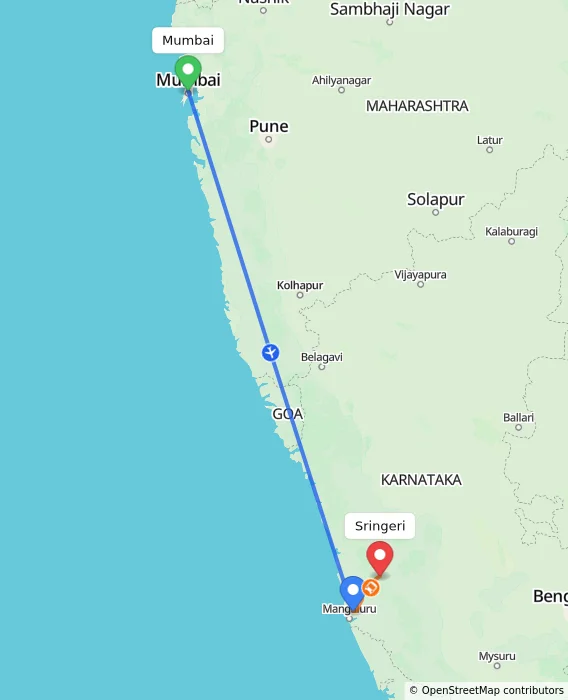 Route map showing distance and travel time from Mumbai, India to Sringeri, India