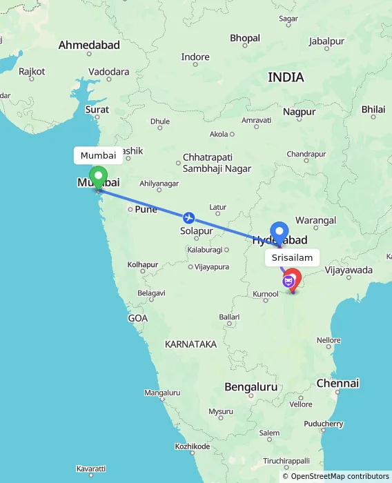 Route map showing distance and travel time from Mumbai, India to Srisailam, India
