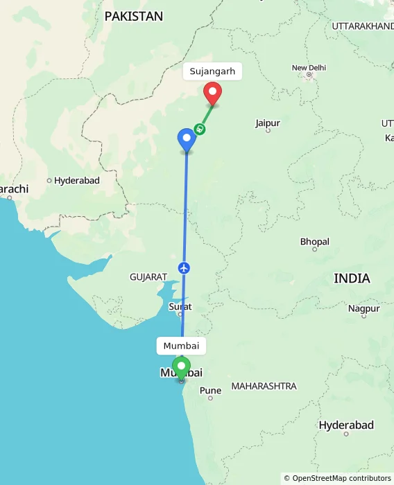 Route map showing distance and travel time from Mumbai, India to Sujangarh, India