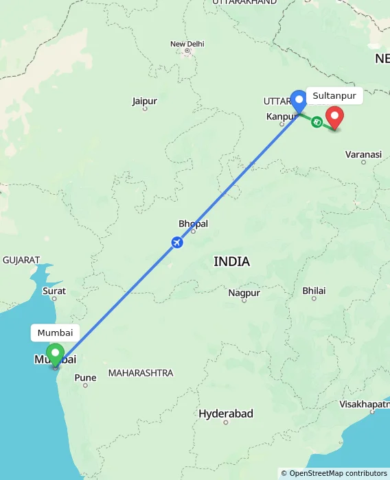 Route map showing distance and travel time from Mumbai, India to Sultanpur, India