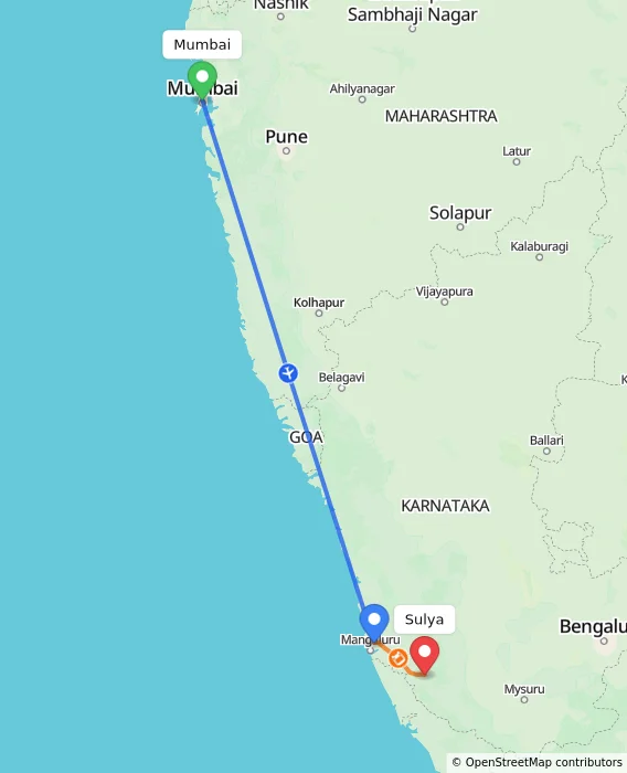 Route map showing distance and travel time from Mumbai, India to Sulya, India