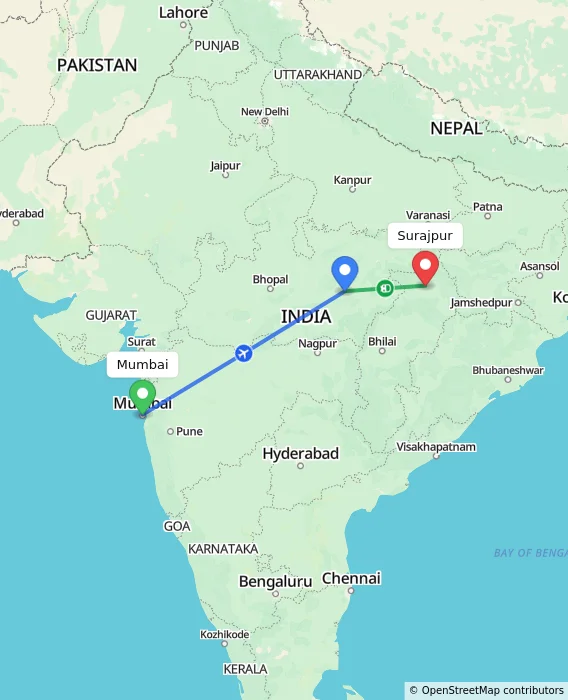 Route map showing distance and travel time from Mumbai, India to Surajpur, India
