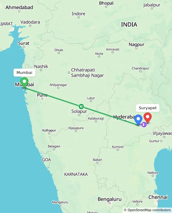 Route map showing distance and travel time from Mumbai, India to Suryapet, India