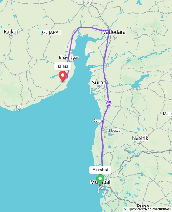 Route map showing distance and travel time from Mumbai, India to Talaja, India