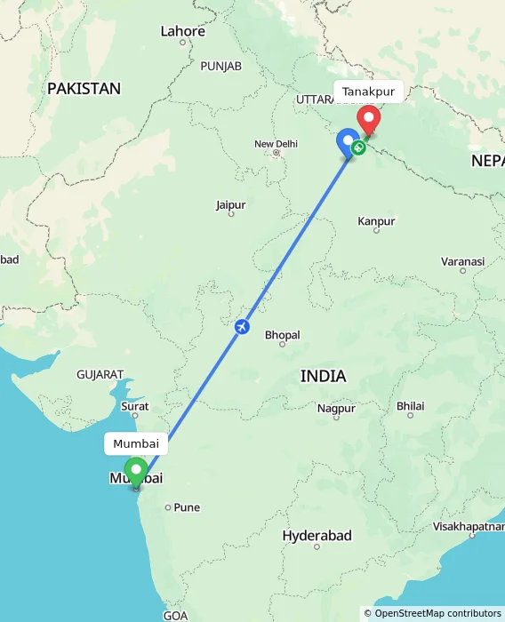 Route map showing distance and travel time from Mumbai, India to Tanakpur, India