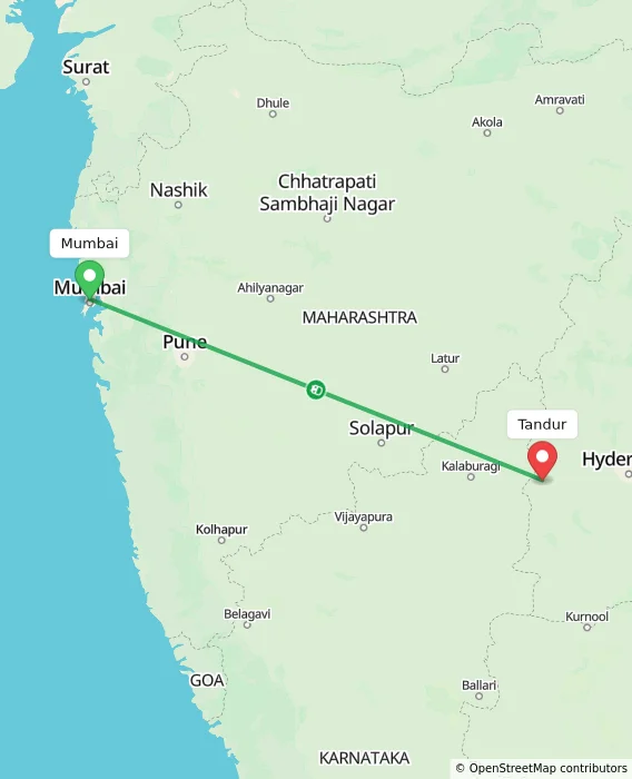 Route map showing distance and travel time from Mumbai, India to Tandur, India