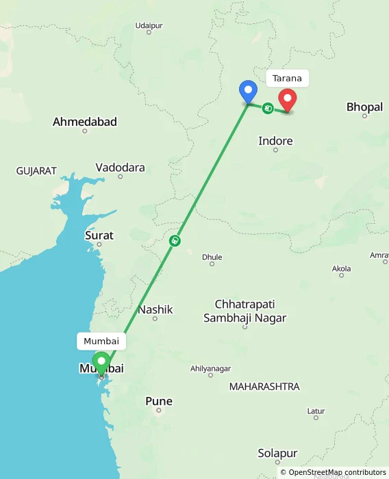 Route map showing distance and travel time from Mumbai, India to Tarana, India
