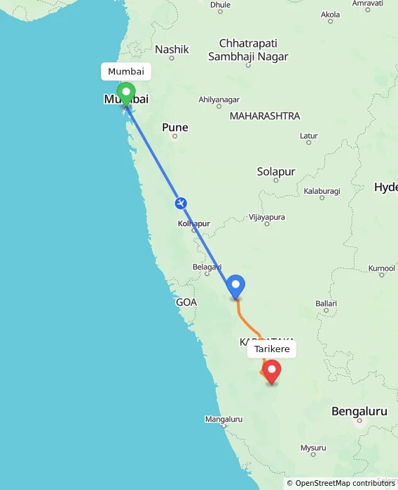 Route map showing distance and travel time from Mumbai, India to Tarikere, India