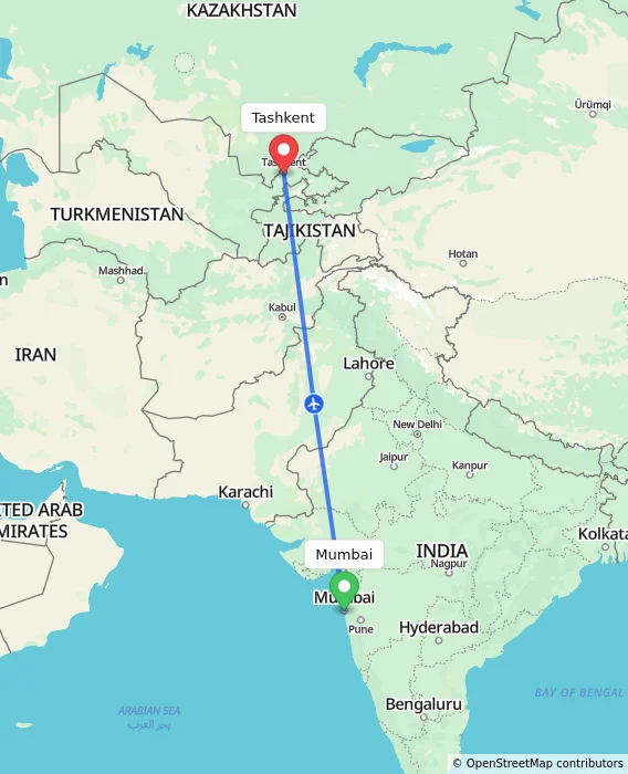 Route map showing distance and travel time from Mumbai, India to Tashkent, Uzbekistan
