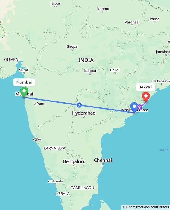 Route map showing distance and travel time from Mumbai, India to Tekkali, India