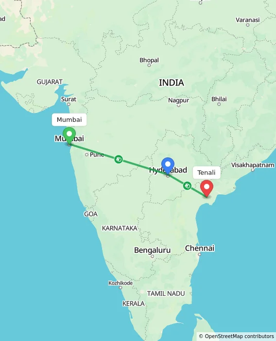 Route map showing distance and travel time from Mumbai, India to Tenali, India