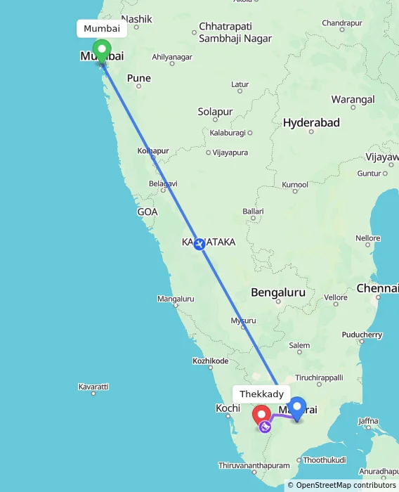 Route map showing distance and travel time from Mumbai, India to Thekkady, India