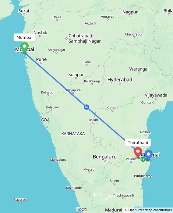 Route map showing distance and travel time from Mumbai, India to Thiruthani, India