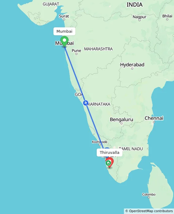 Route map showing distance and travel time from Mumbai, India to Thiruvalla, India