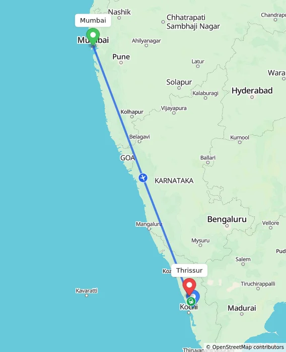 Route map showing distance and travel time from Mumbai, India to Thrissur, India