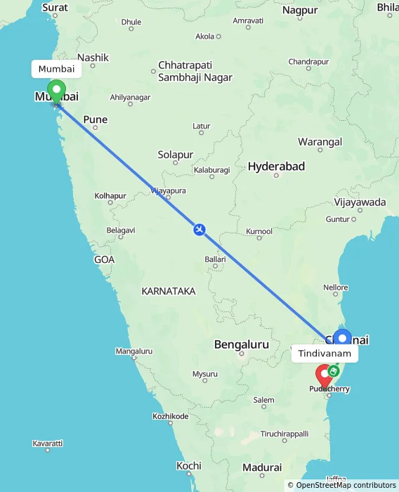 Route map showing distance and travel time from Mumbai, India to Tindivanam, India