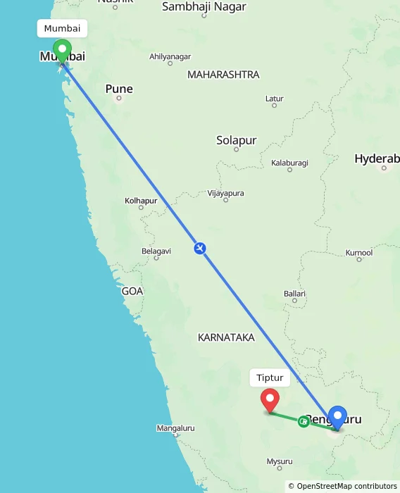 Route map showing distance and travel time from Mumbai, India to Tiptur, India