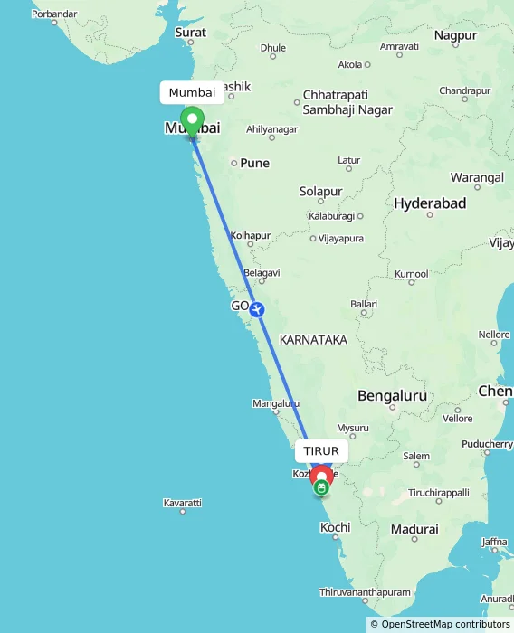 Route map showing distance and travel time from Mumbai, India to TIRUR, India