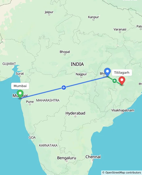 Route map showing distance and travel time from Mumbai, India to Titilagarh, India