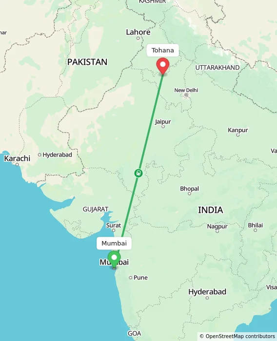 Route map showing distance and travel time from Mumbai, India to Tohana, India