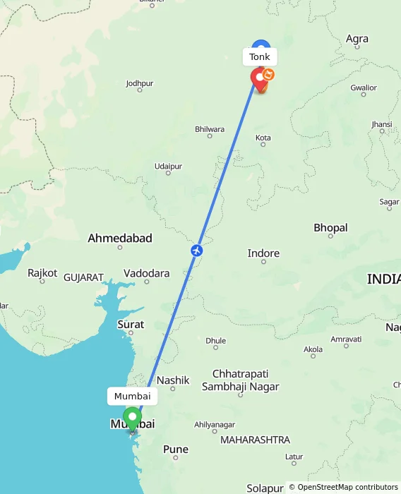 Route map showing distance and travel time from Mumbai, India to Tonk, India