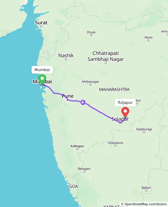 Route map showing distance and travel time from Mumbai, India to Tuljapur, India