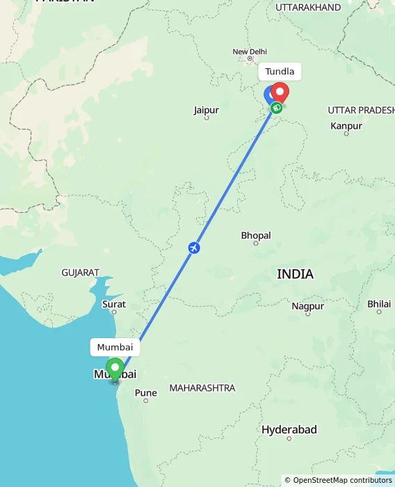Route map showing distance and travel time from Mumbai, India to Tundla, India