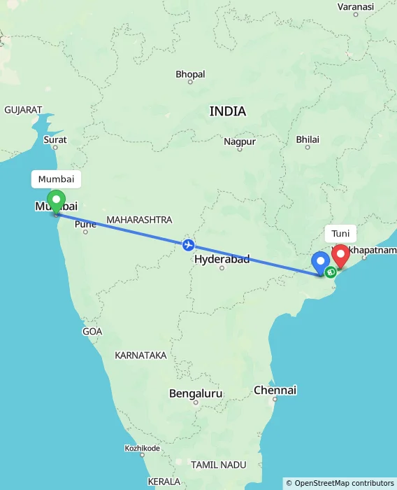 Route map showing distance and travel time from Mumbai, India to Tuni, India