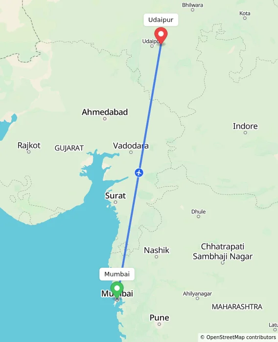 Route map showing distance and travel time from Mumbai, India to Udaipur, India