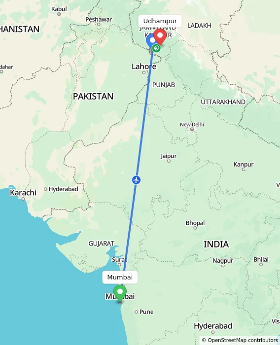 Route map showing distance and travel time from Mumbai, India to Udhampur, India