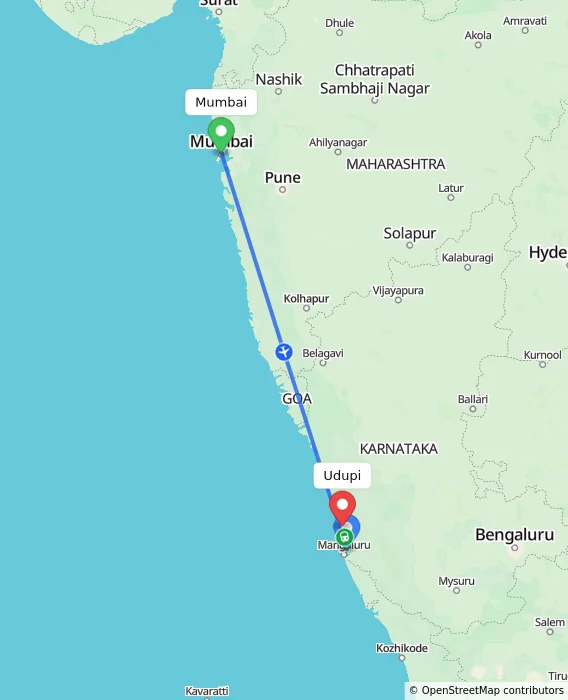 Route map showing distance and travel time from Mumbai, India to Udupi, India