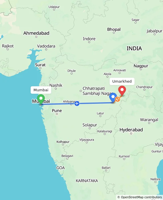 Route map showing distance and travel time from Mumbai, India to Umarkhed, India