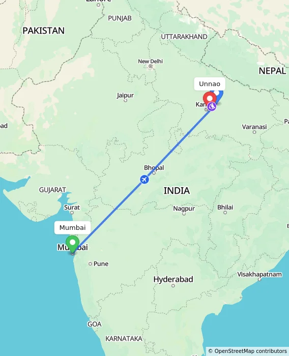 Route map showing distance and travel time from Mumbai, India to Unnao, India